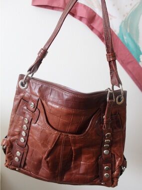 Brown Leather Shoulder Bag with Croc Texture